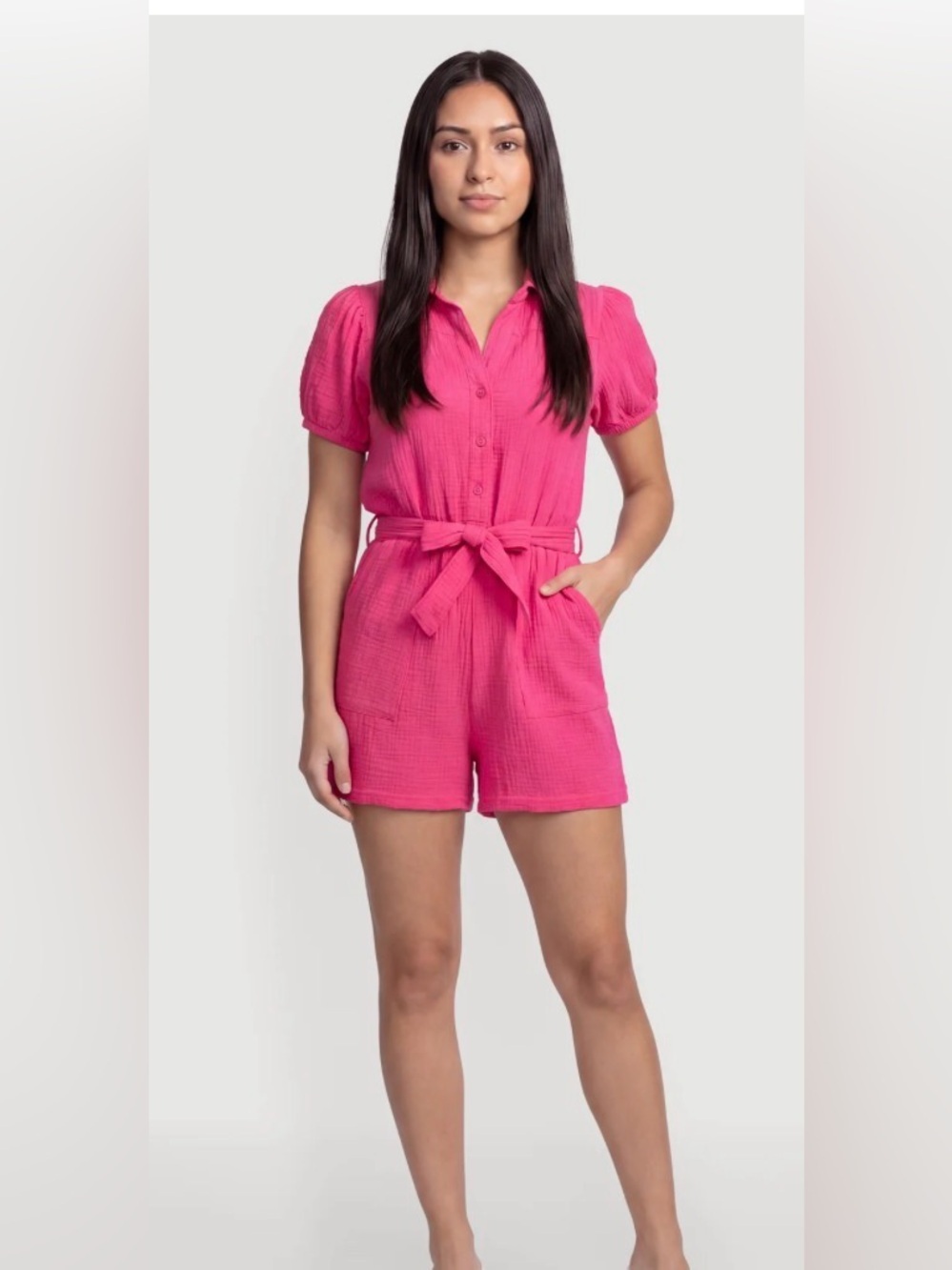 mittoshop Hot Pink Short-Sleeve Romper with Waist Tie ptp 18 length 30